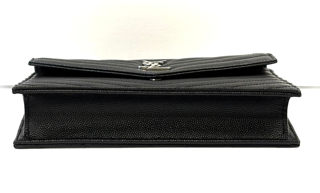 YSL GRAIN DE POUDRE CALFSKIN LEATHER MONOGRAM WALLET ON CHAIN