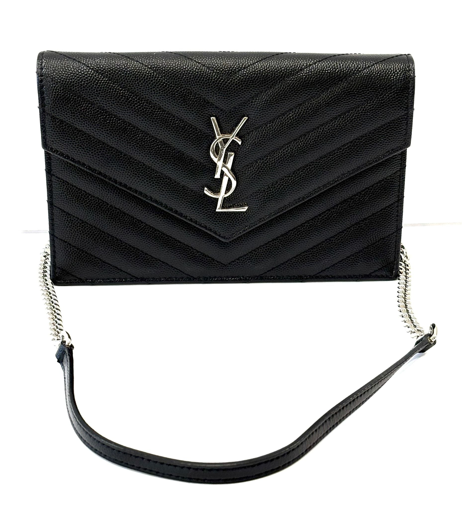 YSL GRAIN DE POUDRE CALFSKIN LEATHER MONOGRAM WALLET ON CHAIN
