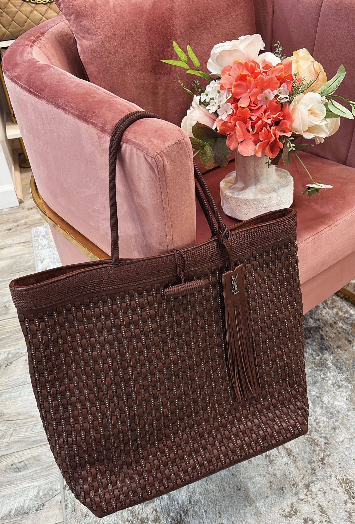 YVES SAINT LAURENT LARGE BROWN WOVEN TOTE BAG