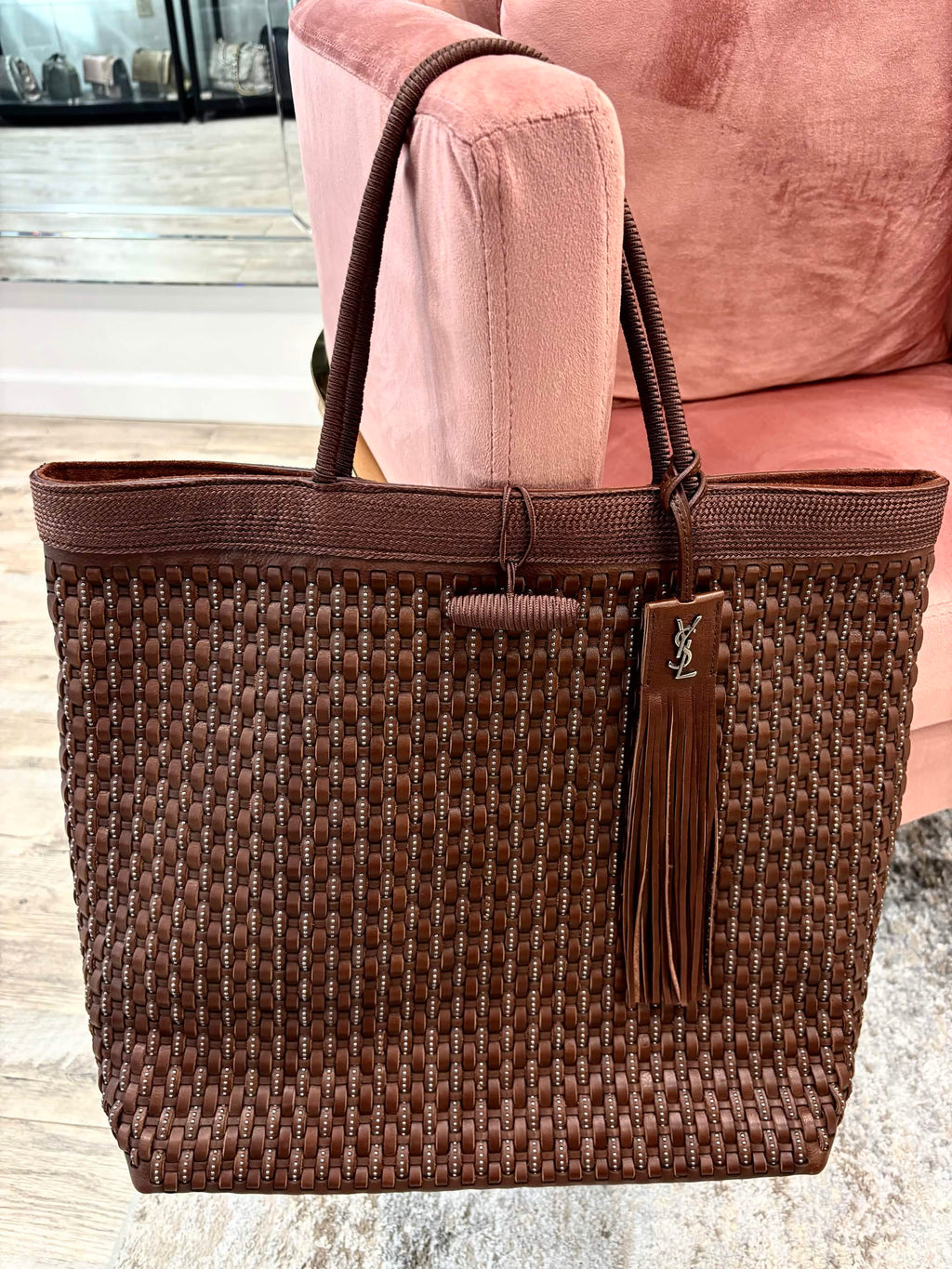 YVES SAINT LAURENT LARGE BROWN WOVEN TOTE BAG