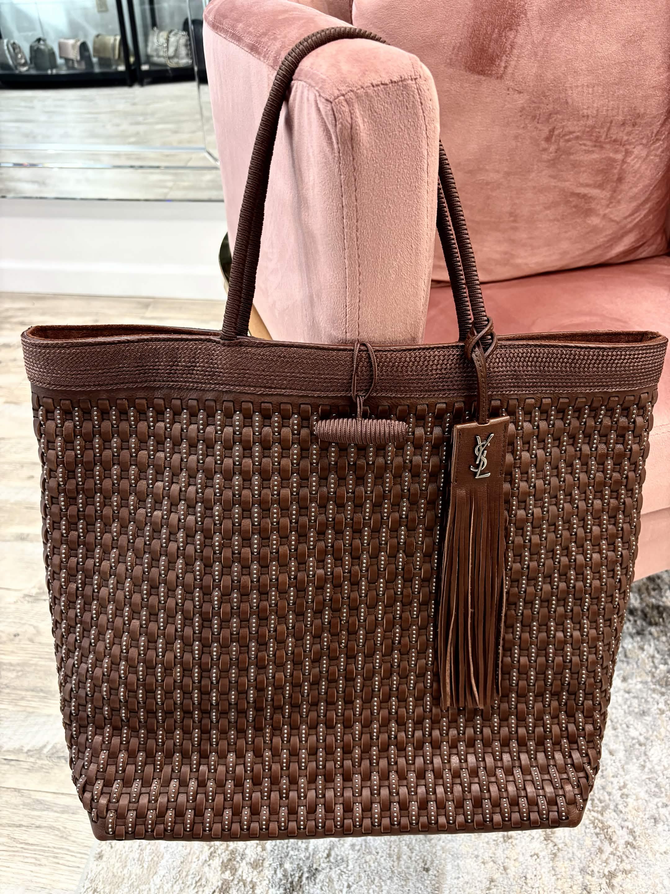 YVES SAINT LAURENT LARGE BROWN WOVEN TOTE BAG