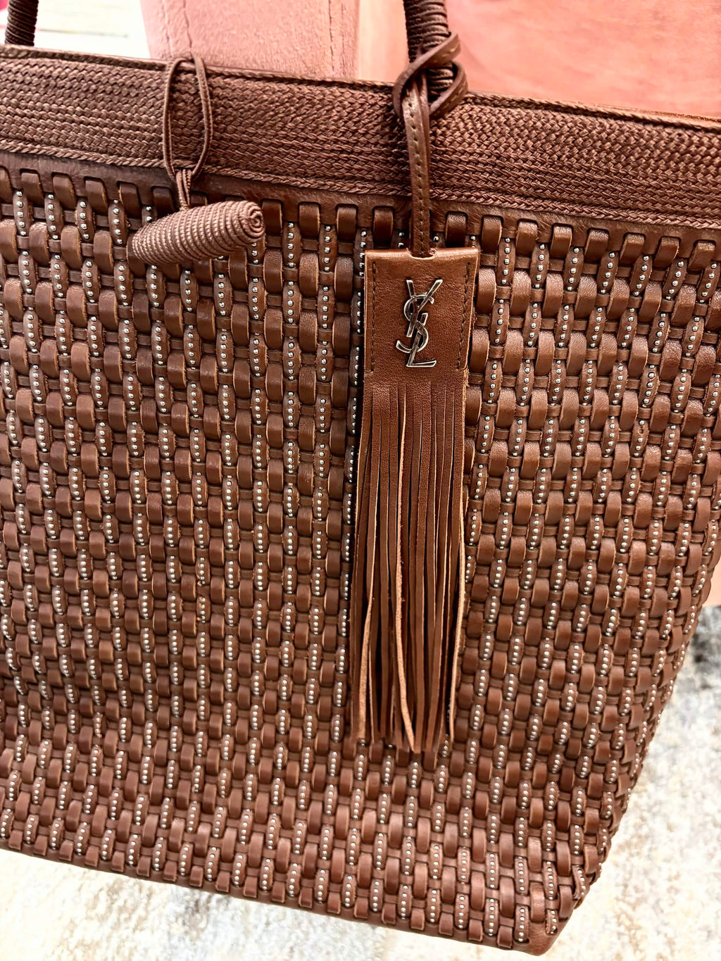 YVES SAINT LAURENT LARGE BROWN WOVEN TOTE BAG