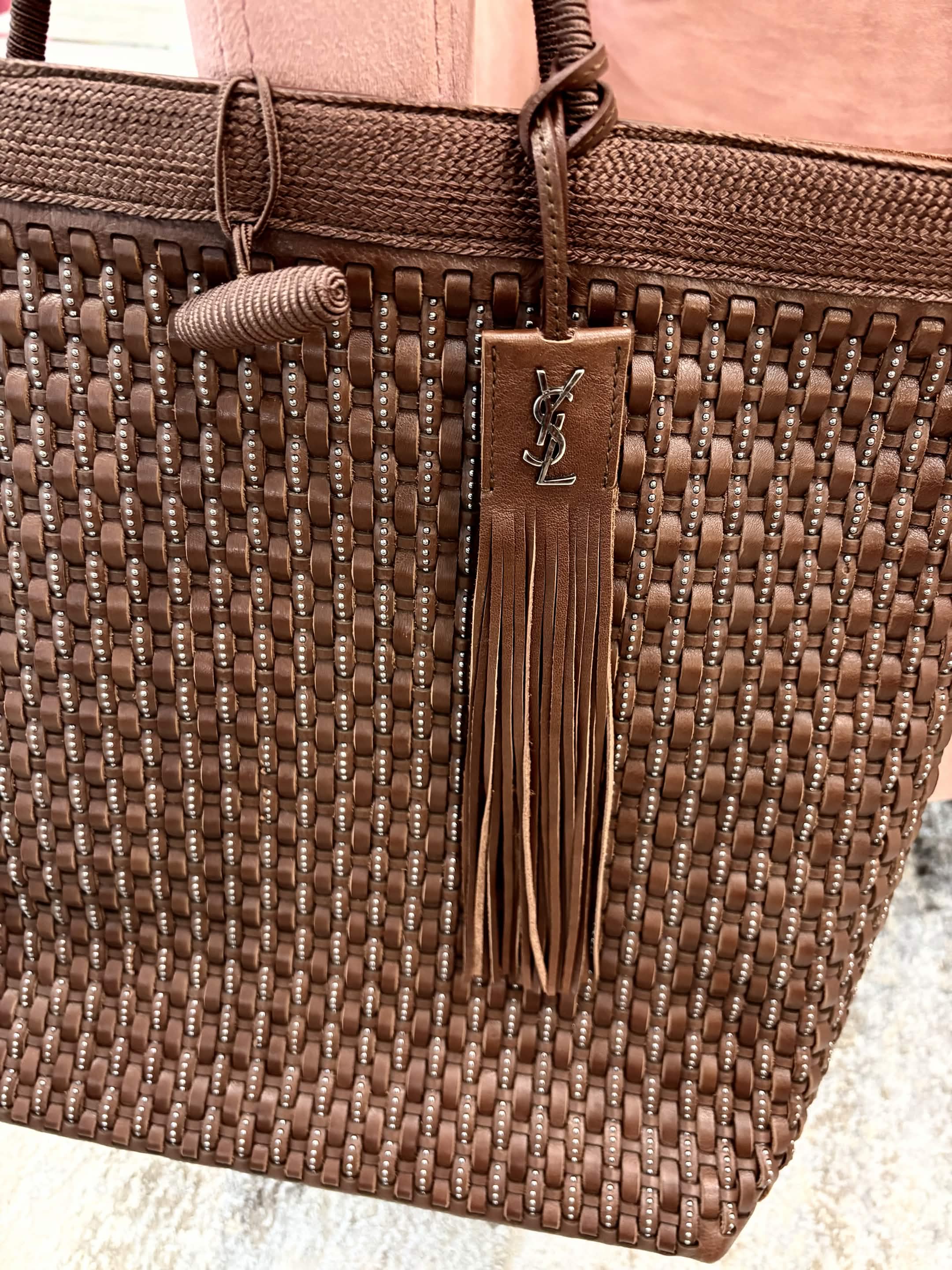 YVES SAINT LAURENT LARGE BROWN WOVEN TOTE BAG