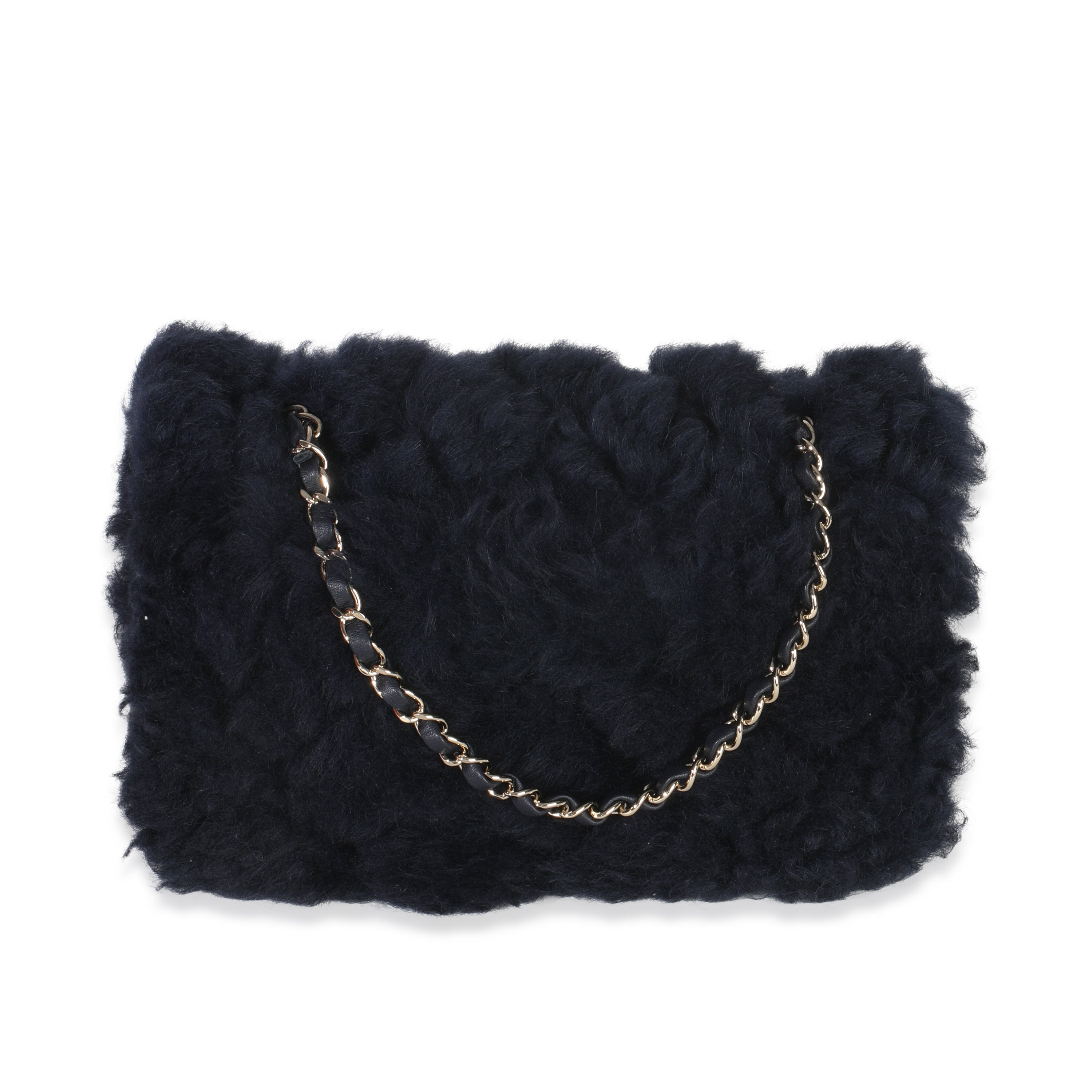 Navy Shearling Quilted Lambskin Medium Flap Bag