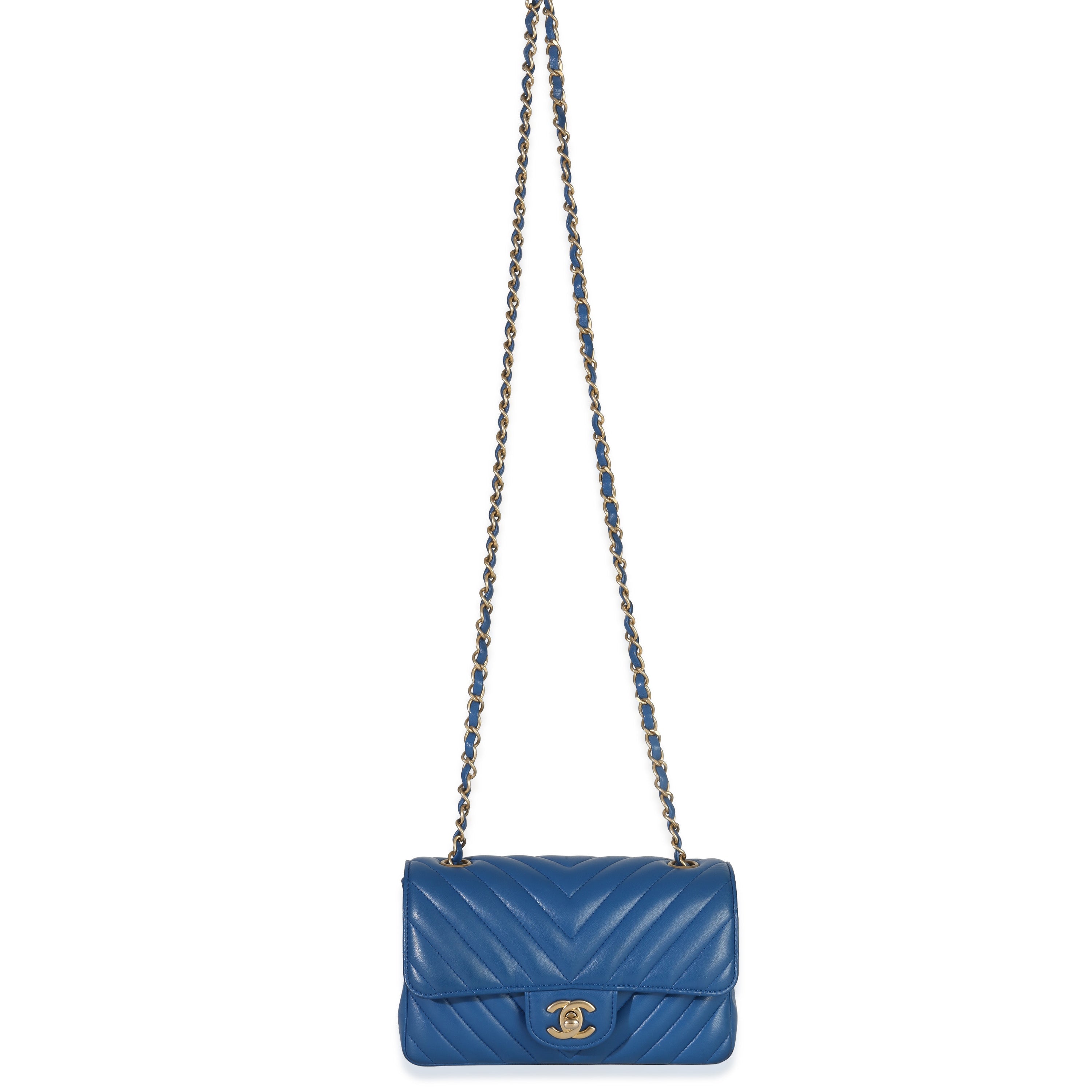 Blue Lambskin Chevron Mini Rectangular Flap Bag