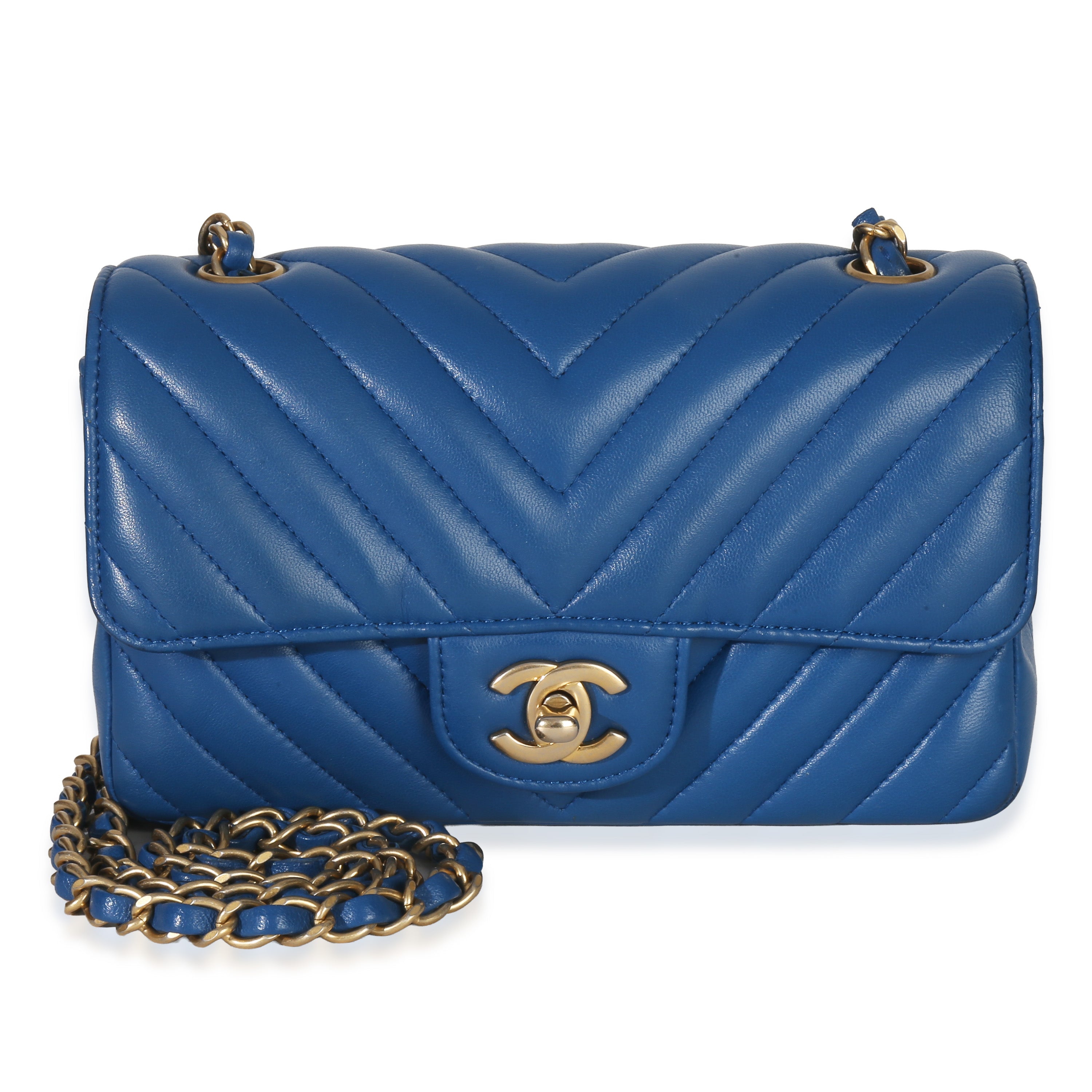 Blue Lambskin Chevron Mini Rectangular Flap Bag