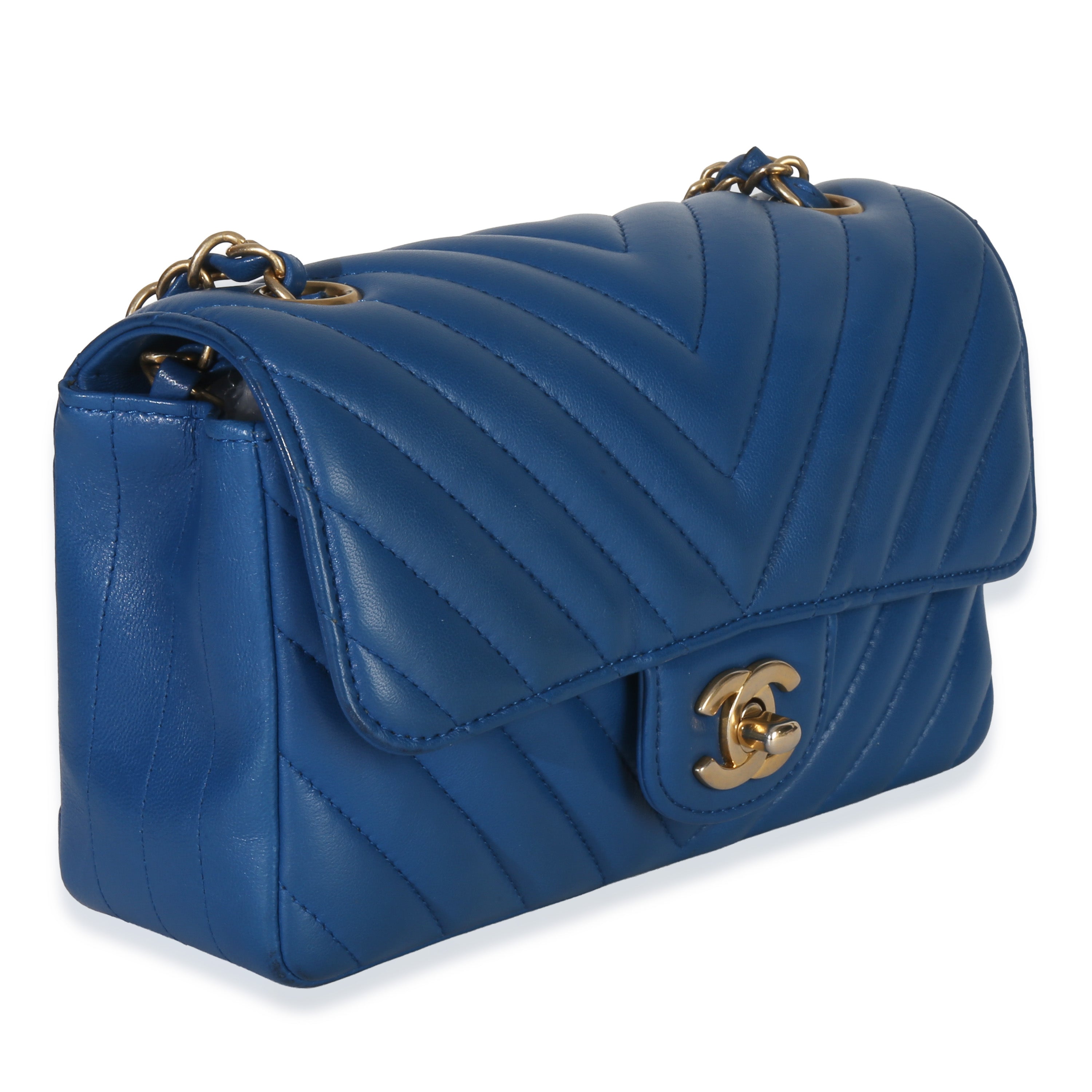 Blue Lambskin Chevron Mini Rectangular Flap Bag