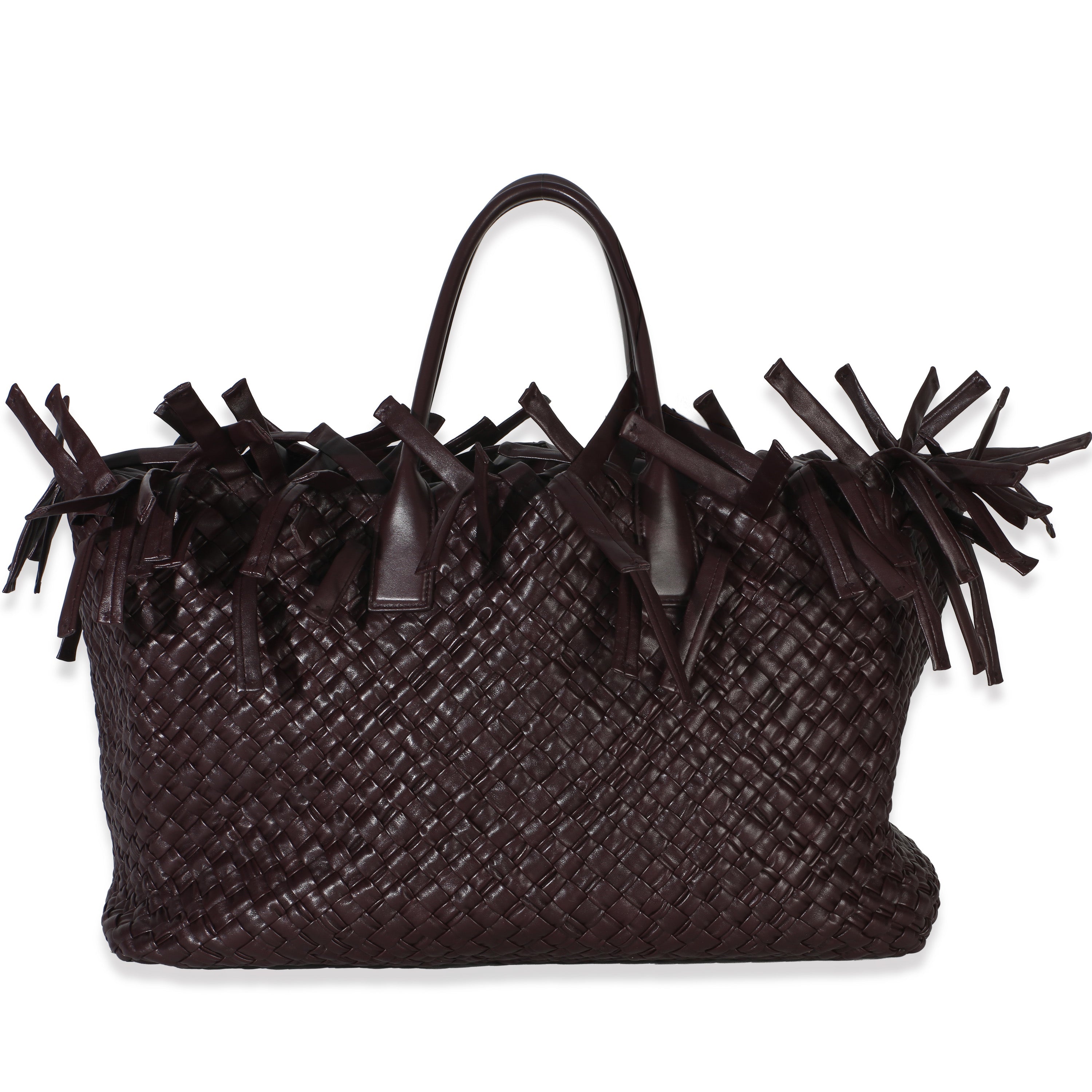 Burgundy Nappa Intrecciato Fringe Oversized Cabat Tote