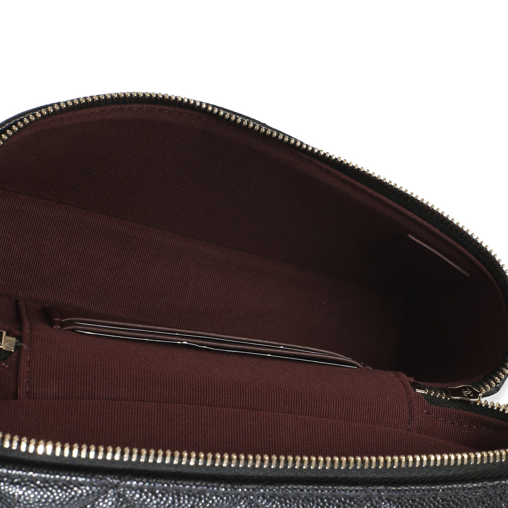 Black Quilted Caviar Top Handle Slim Vanity Handbag With Chain