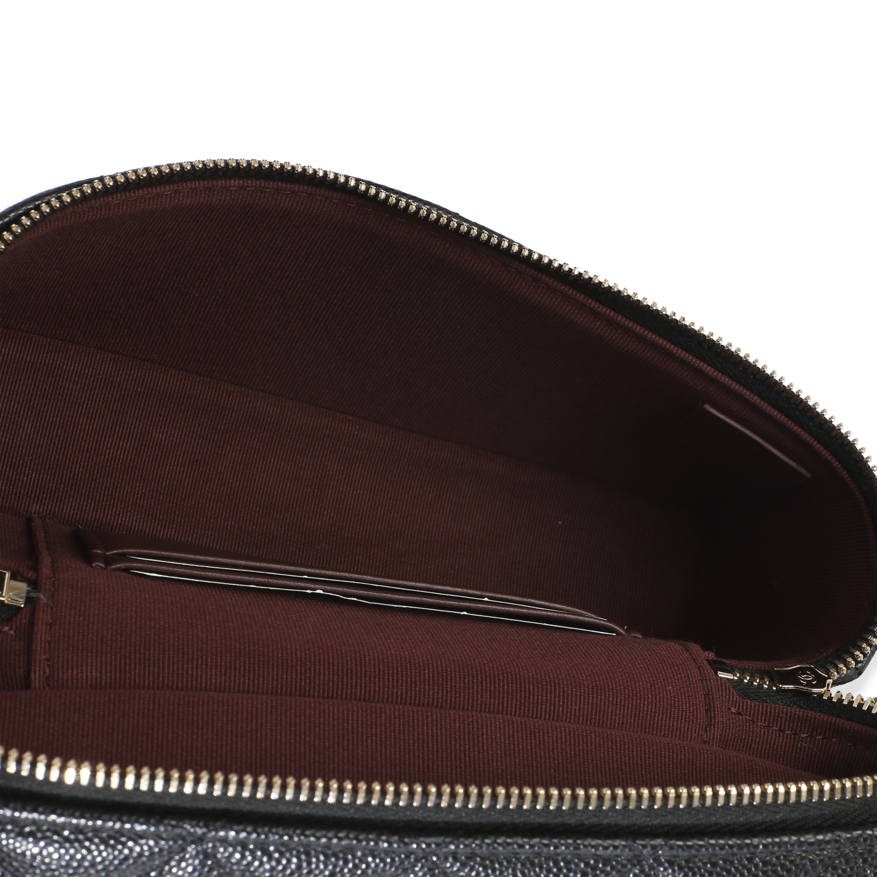 Black Quilted Caviar Top Handle Slim Vanity Handbag With Chain