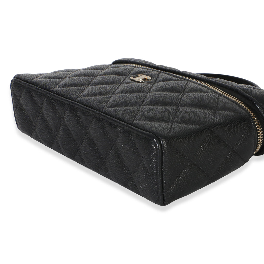Black Quilted Caviar Top Handle Slim Vanity Handbag With Chain