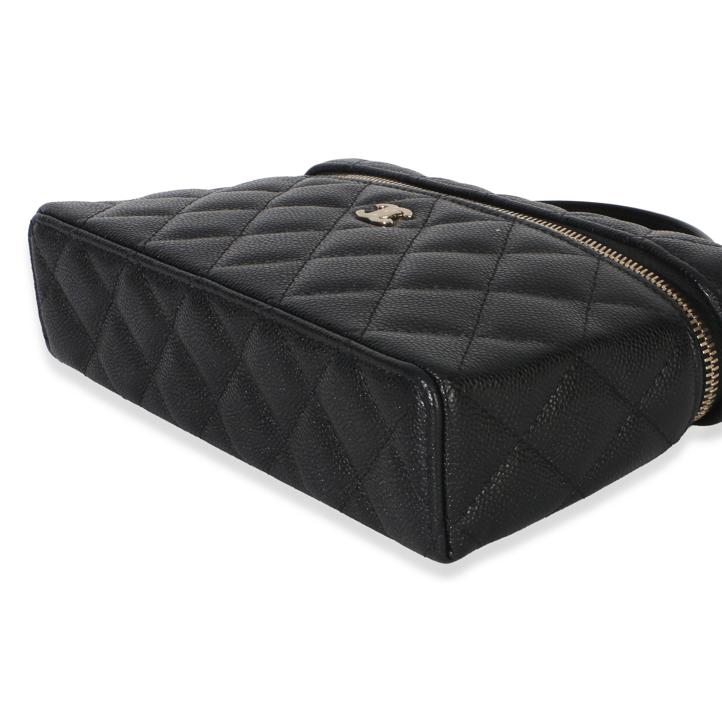 Black Quilted Caviar Top Handle Slim Vanity Handbag With Chain