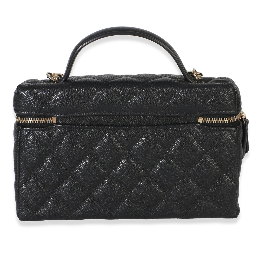 Black Quilted Caviar Top Handle Slim Vanity Handbag With Chain