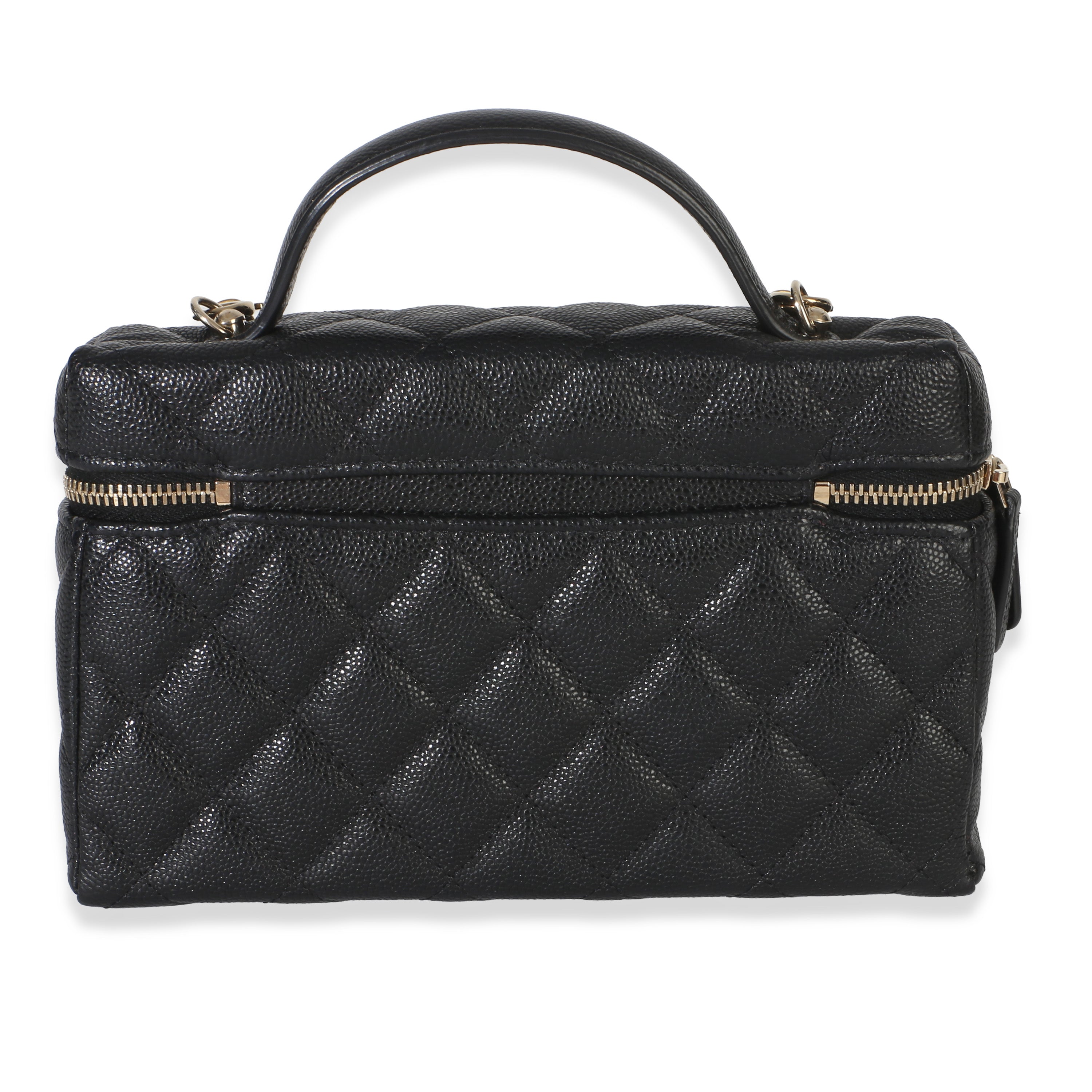 Black Quilted Caviar Top Handle Slim Vanity Handbag With Chain