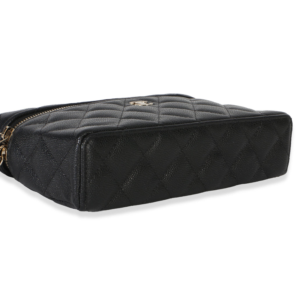 Black Quilted Caviar Top Handle Slim Vanity Handbag With Chain