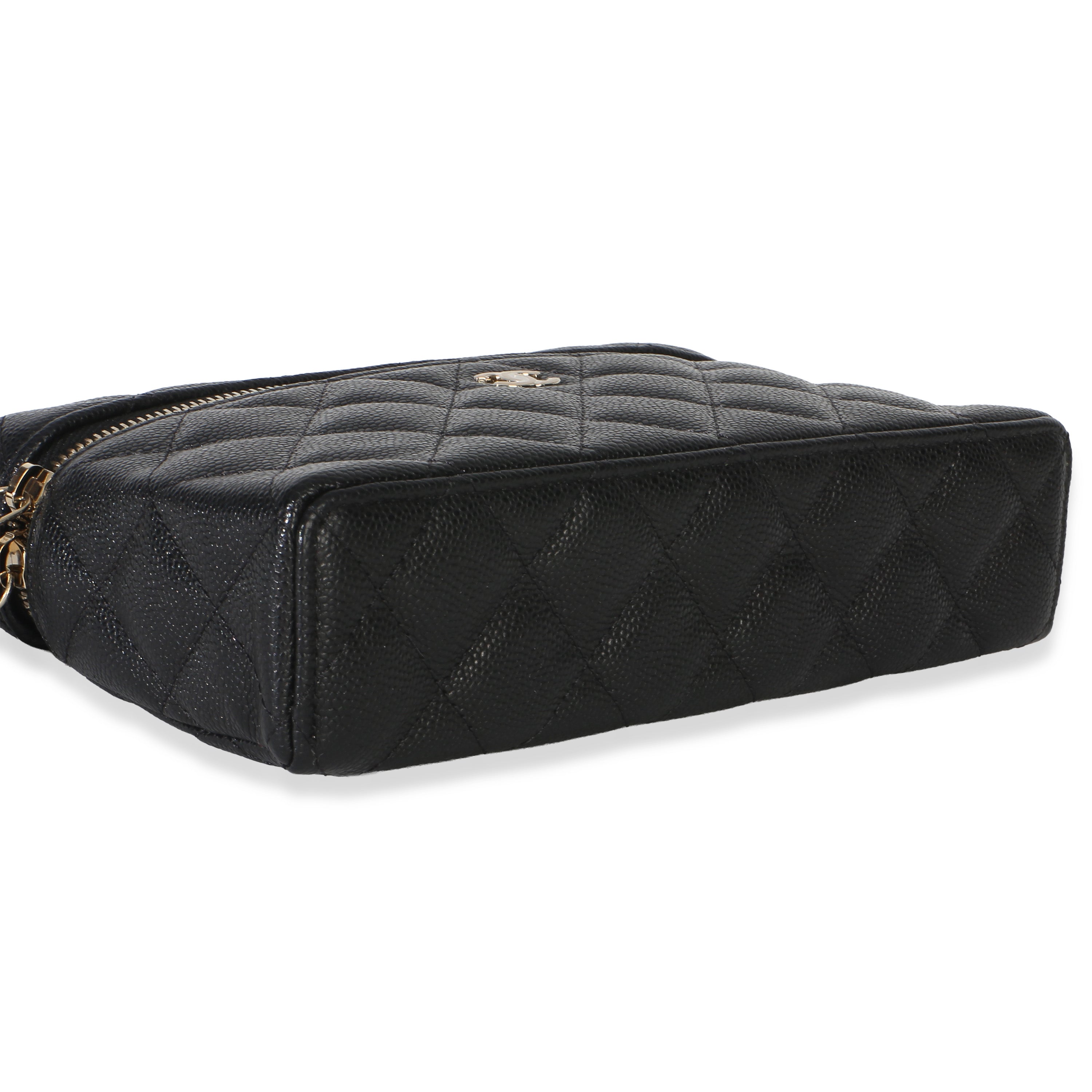 Black Quilted Caviar Top Handle Slim Vanity Handbag With Chain
