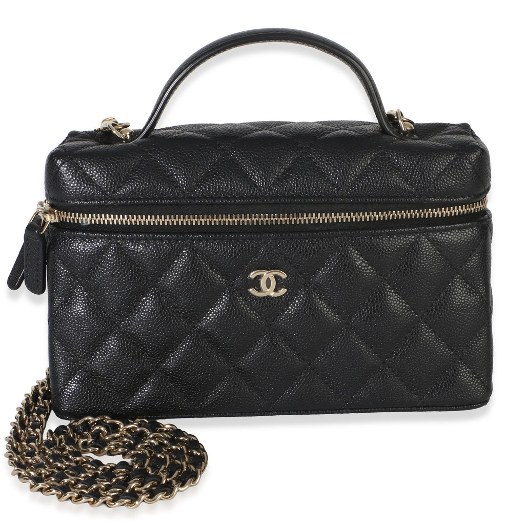 Black Quilted Caviar Top Handle Slim Vanity Handbag With Chain