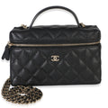 Black Quilted Caviar Top Handle Slim Vanity Handbag With Chain