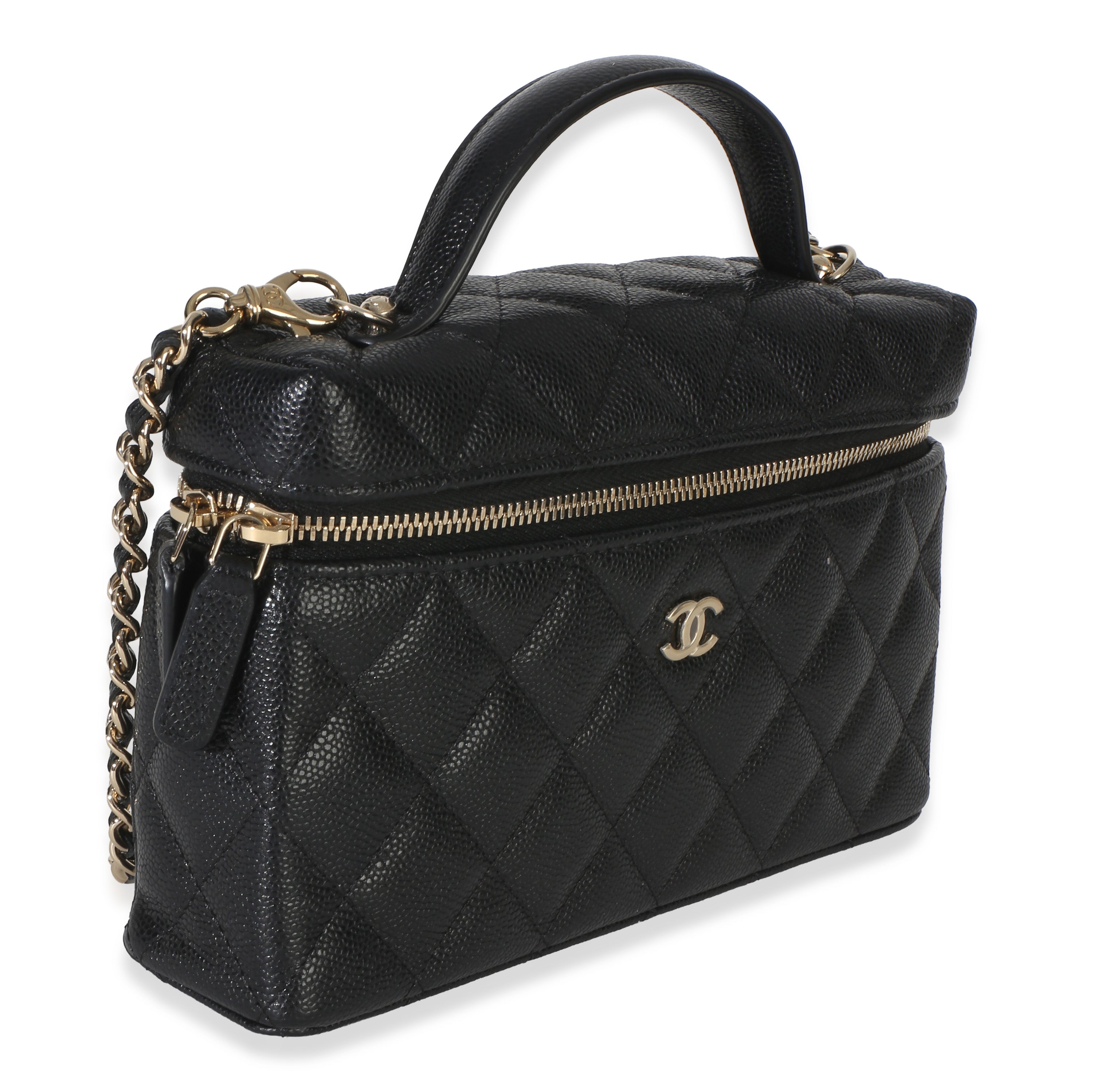 Black Quilted Caviar Top Handle Slim Vanity Handbag With Chain