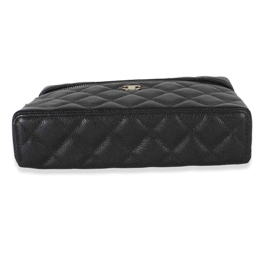 Black Quilted Caviar Top Handle Slim Vanity Handbag With Chain