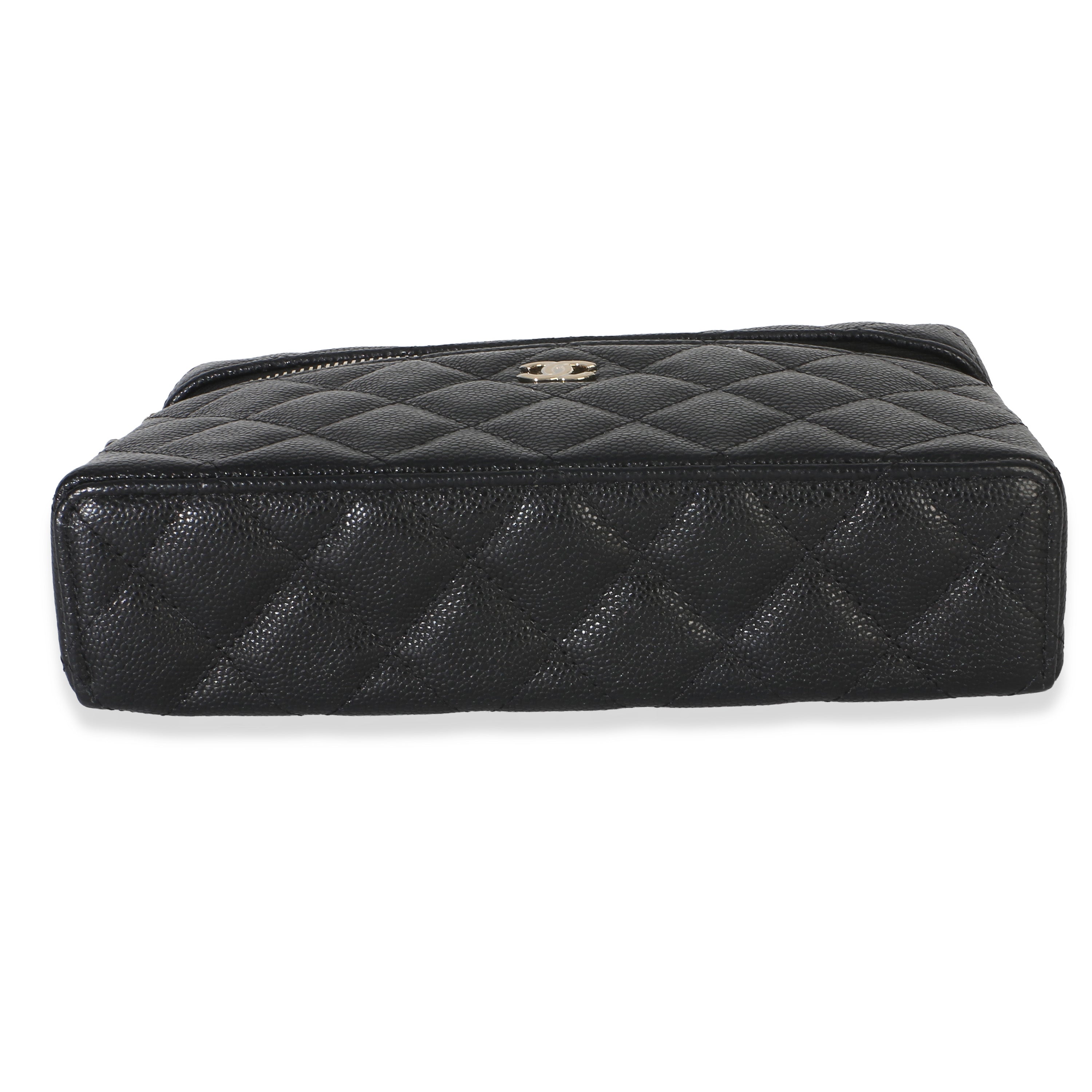 Black Quilted Caviar Top Handle Slim Vanity Handbag With Chain
