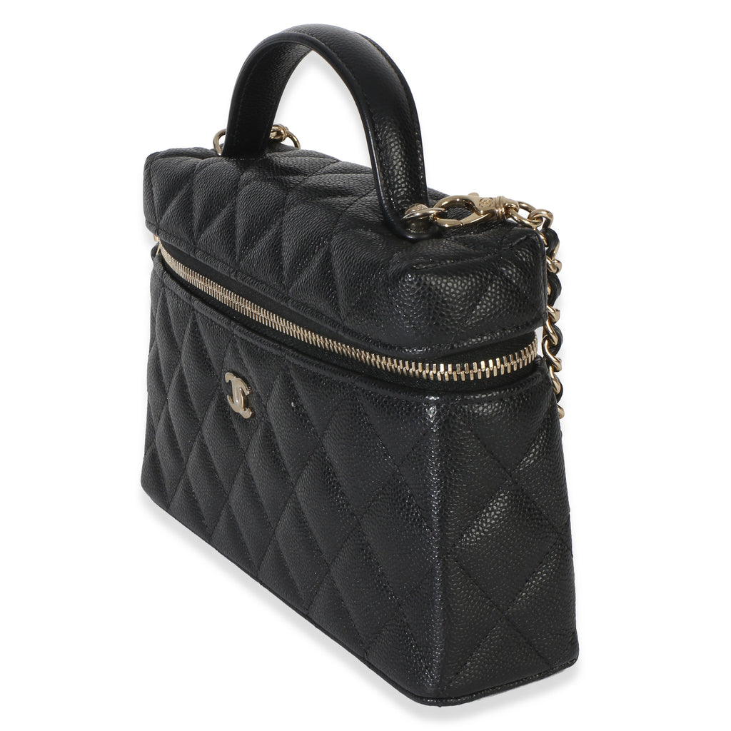 Black Quilted Caviar Top Handle Slim Vanity Handbag With Chain
