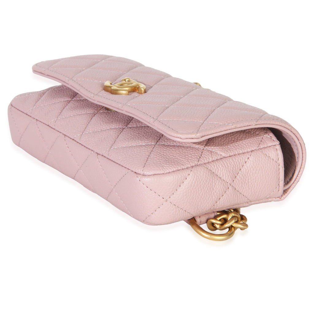 Light Pink Quilted Caviar Sweetheart Phone Holder With Chain Handbag