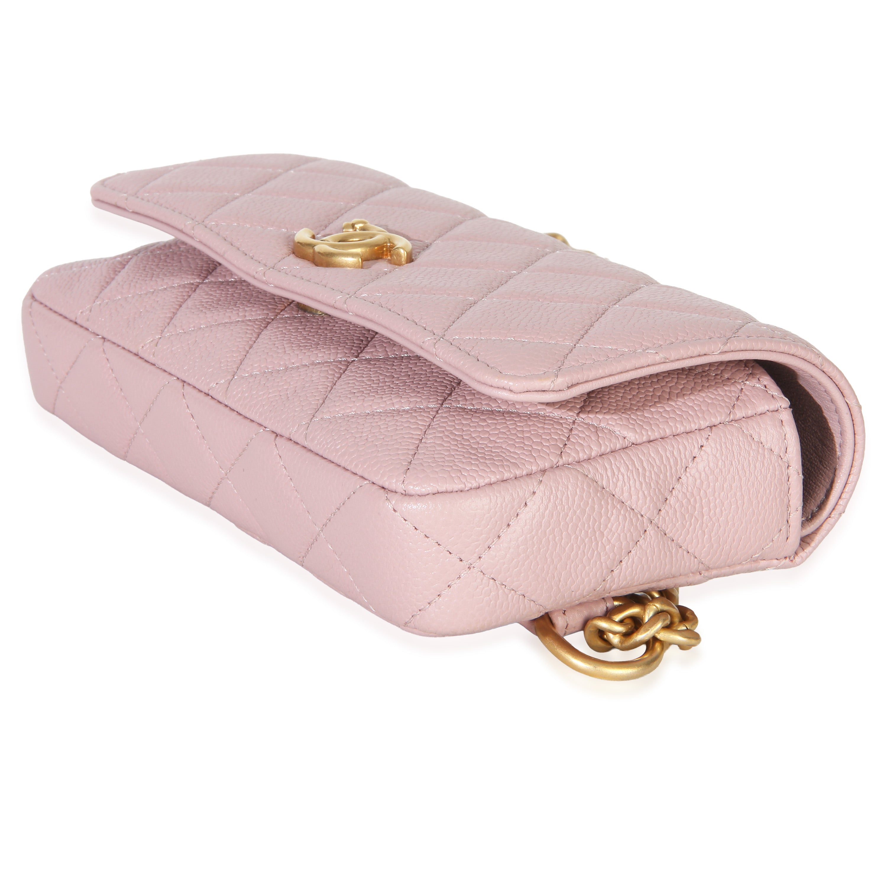Light Pink Quilted Caviar Sweetheart Phone Holder With Chain Handbag