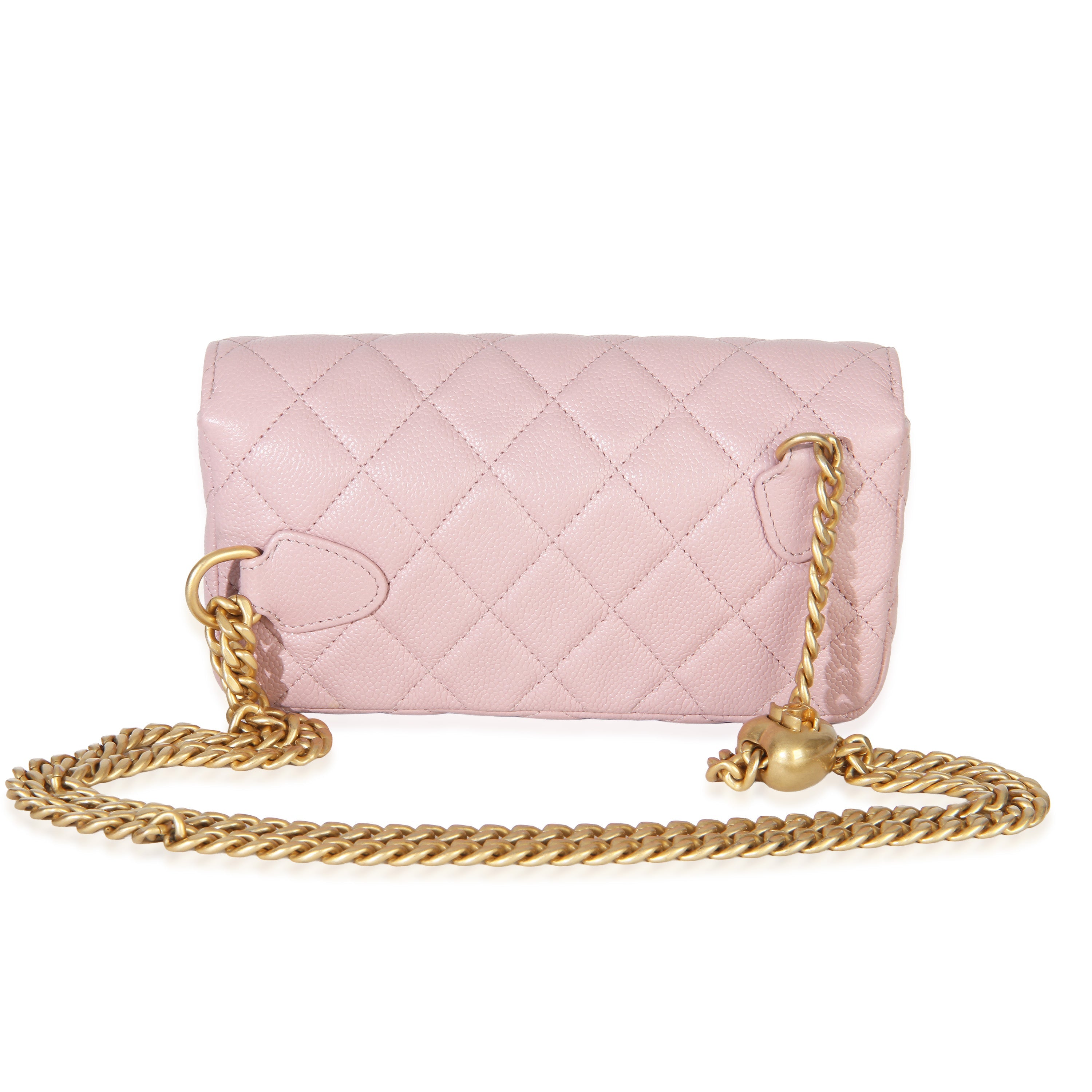 Light Pink Quilted Caviar Sweetheart Phone Holder With Chain Handbag