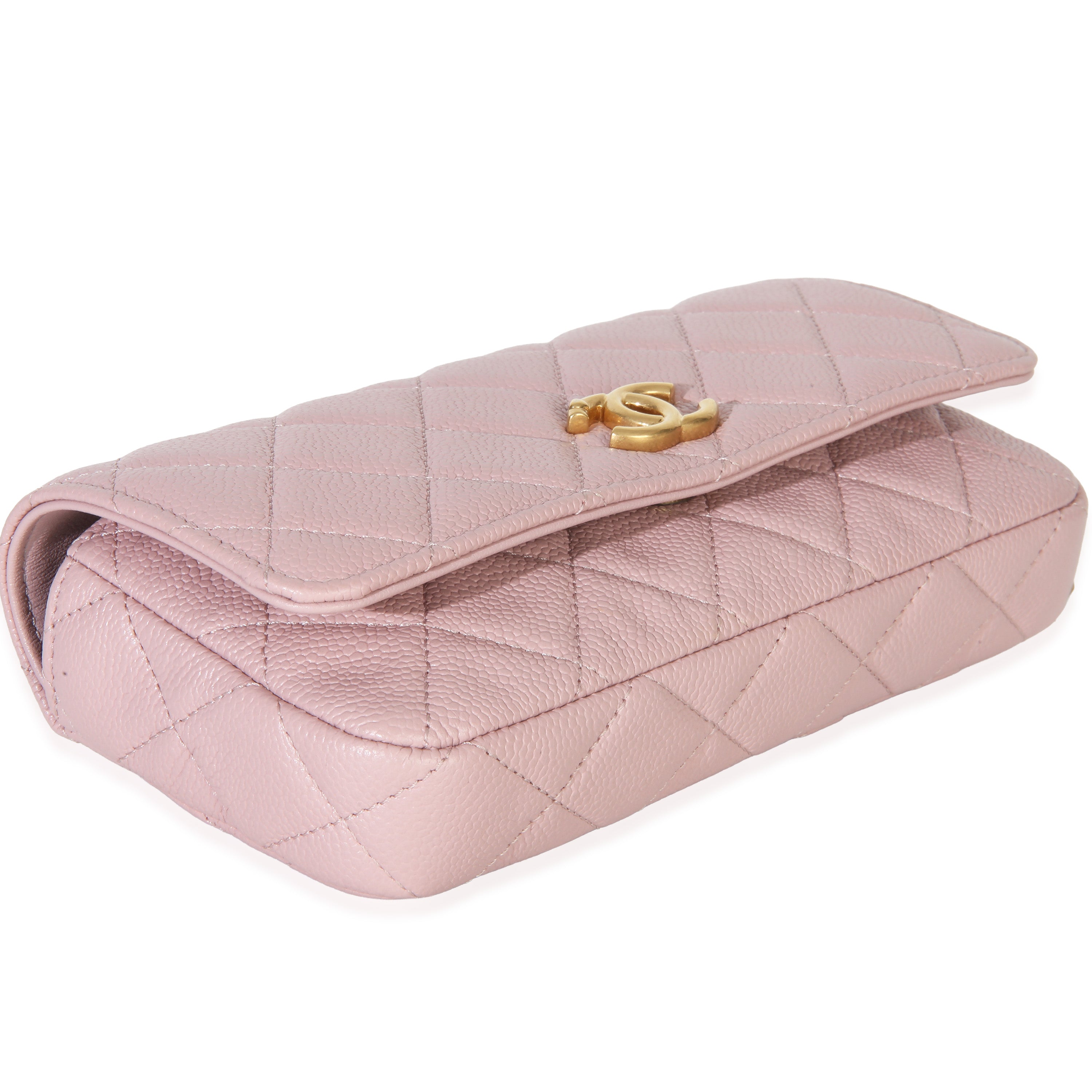 Light Pink Quilted Caviar Sweetheart Phone Holder With Chain Handbag