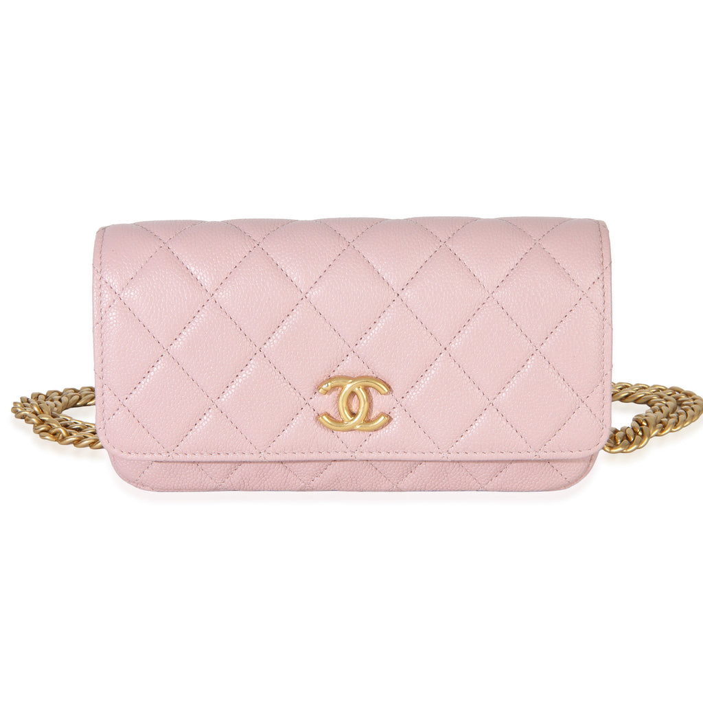 Light Pink Quilted Caviar Sweetheart Phone Holder With Chain Handbag
