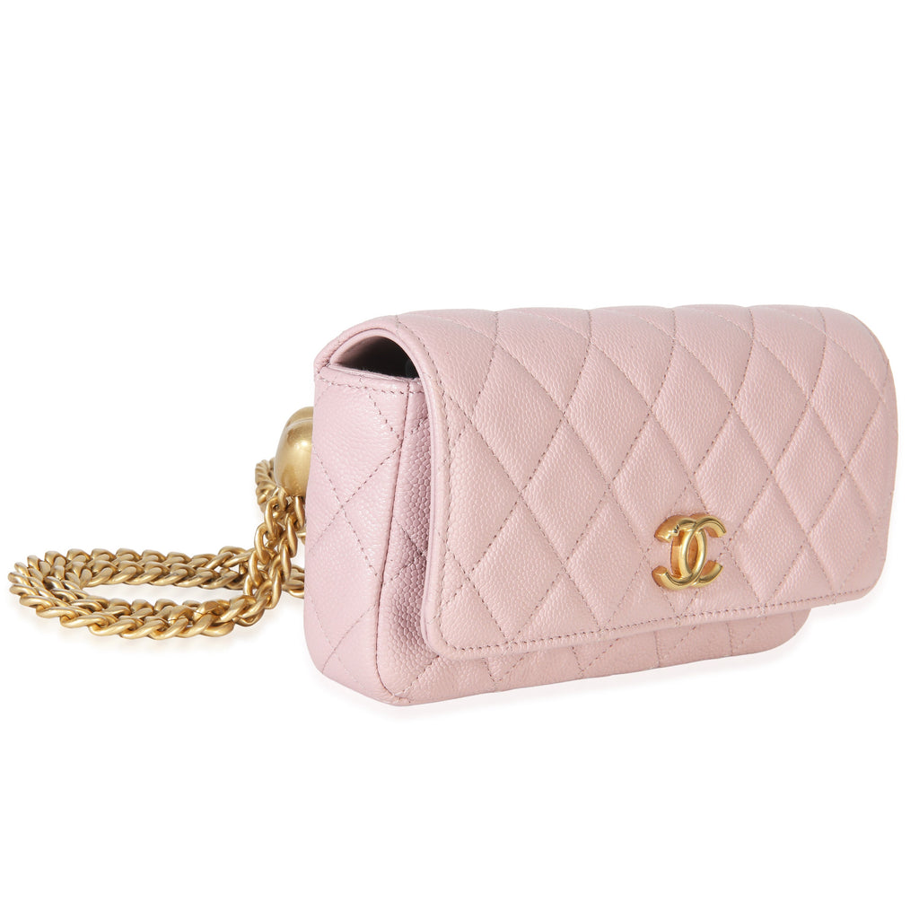 Light Pink Quilted Caviar Sweetheart Phone Holder With Chain Handbag