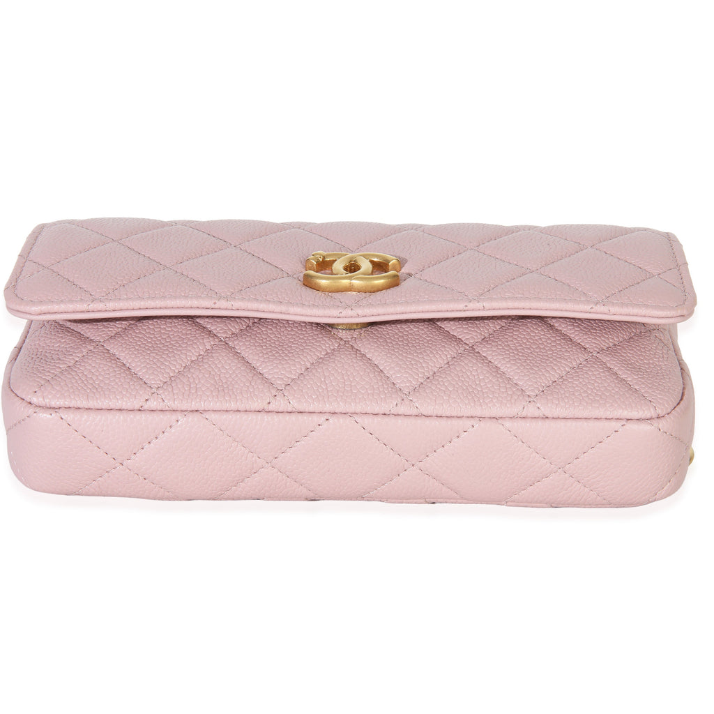 Light Pink Quilted Caviar Sweetheart Phone Holder With Chain Handbag