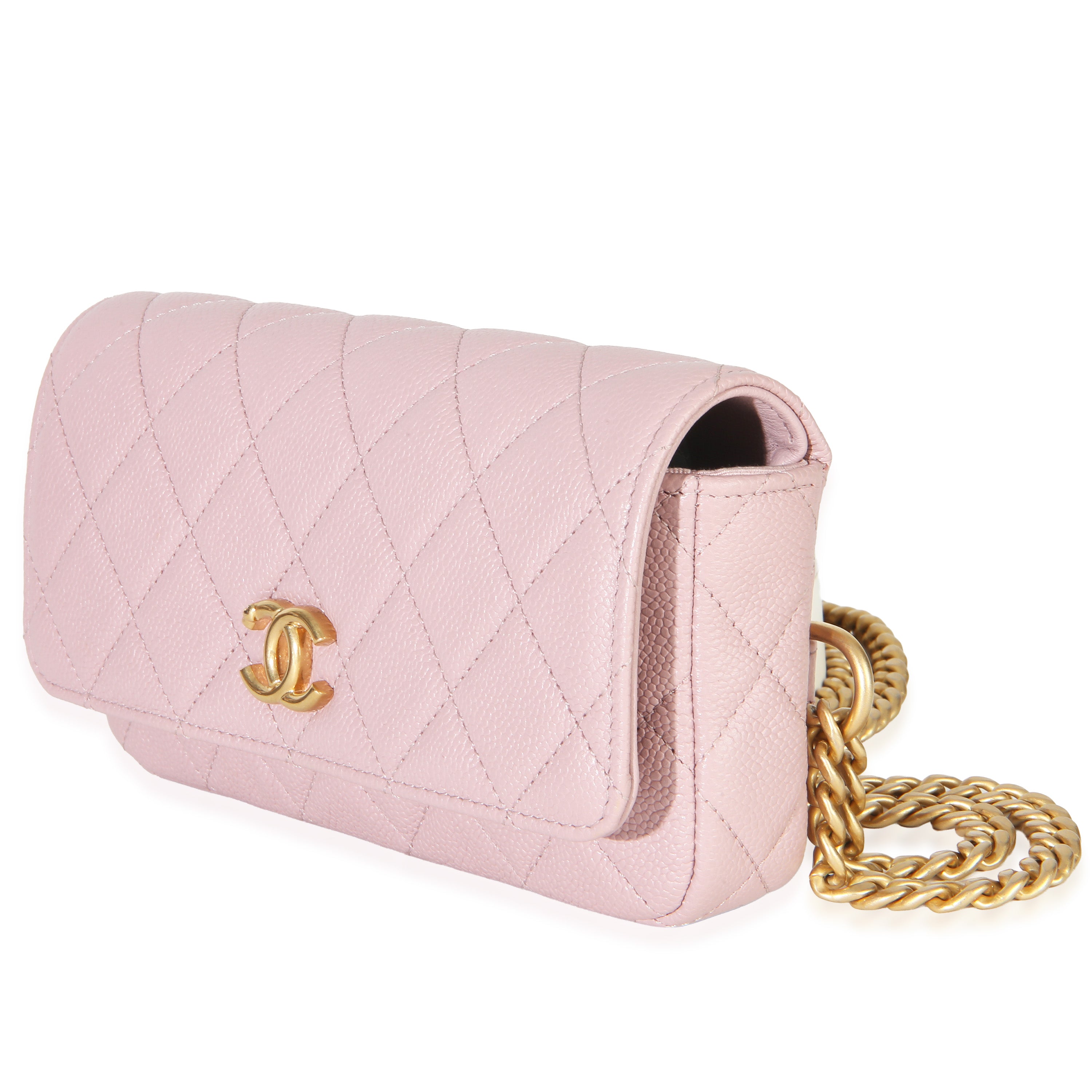 Light Pink Quilted Caviar Sweetheart Phone Holder With Chain Handbag