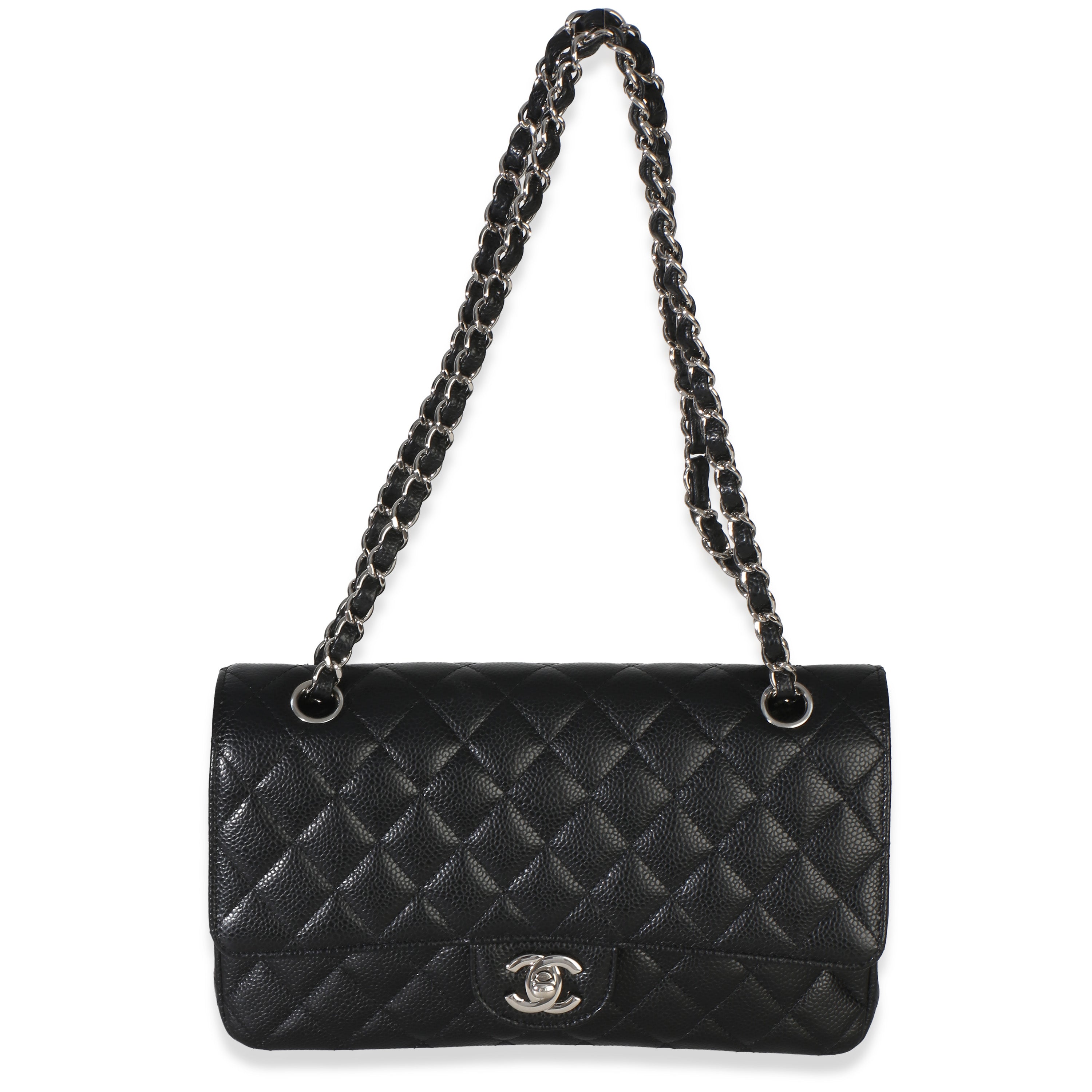Black Quilted Caviar Medium Classic Double Flap Handbag