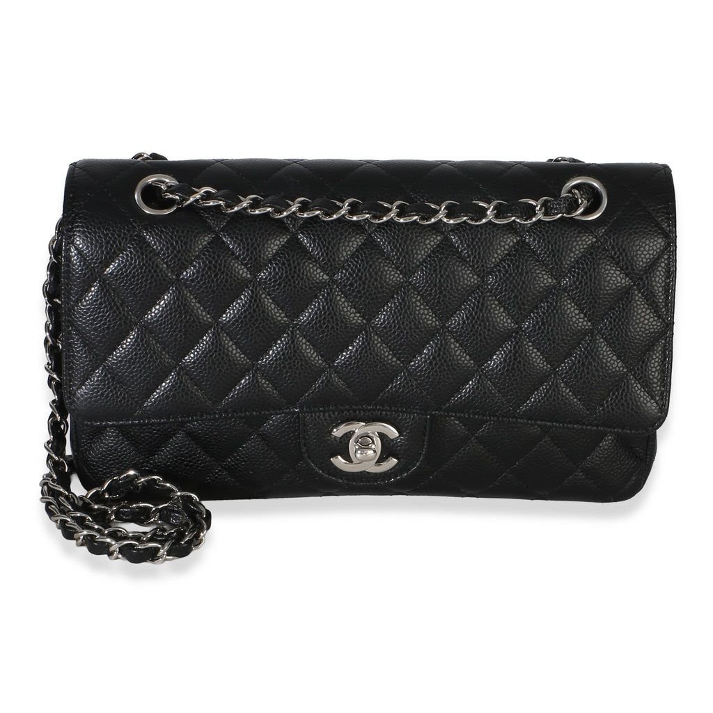 Black Quilted Caviar Medium Classic Double Flap Handbag