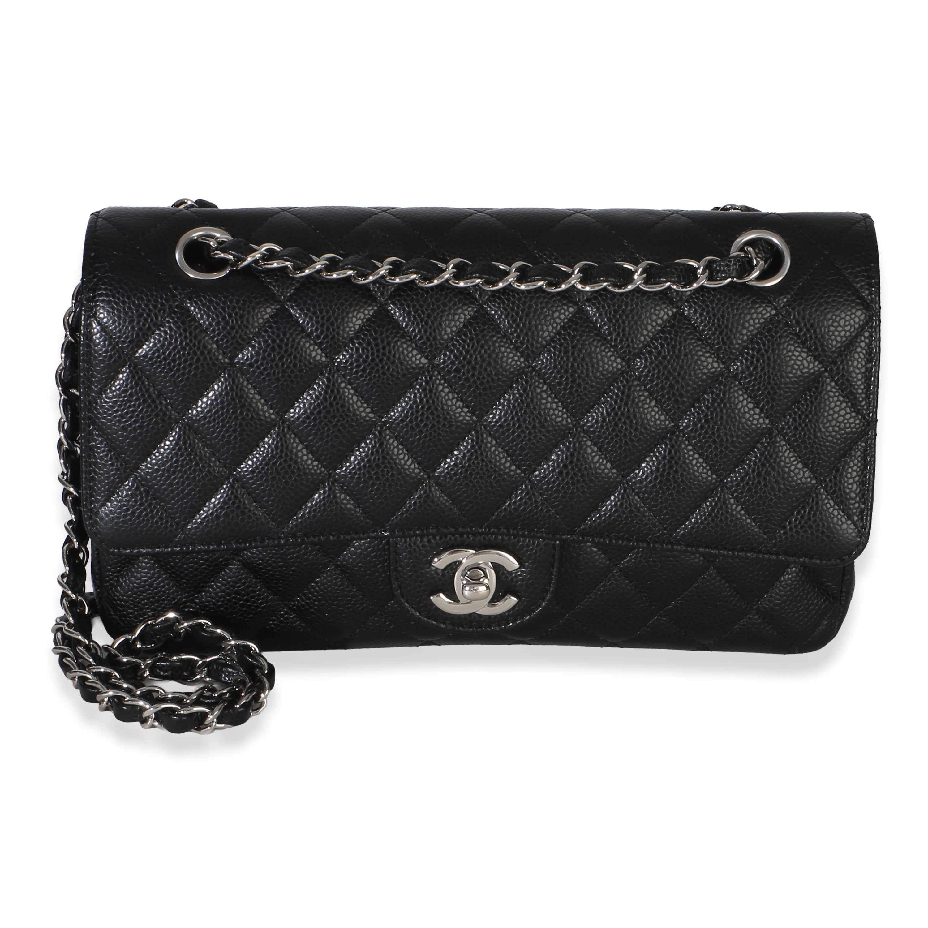 Black Quilted Caviar Medium Classic Double Flap Handbag
