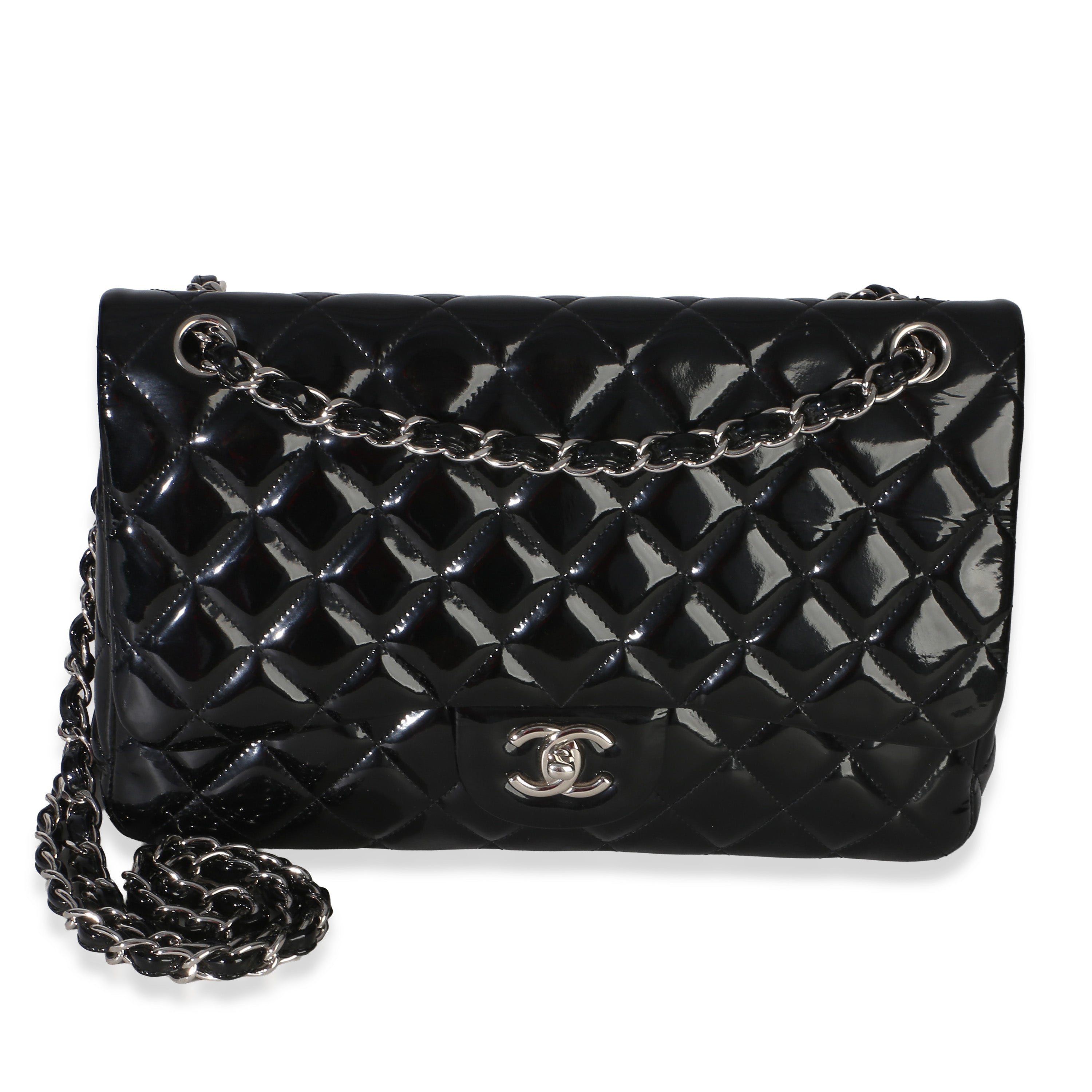Black Quilted Patent Jumbo Classic Double Flap Bag