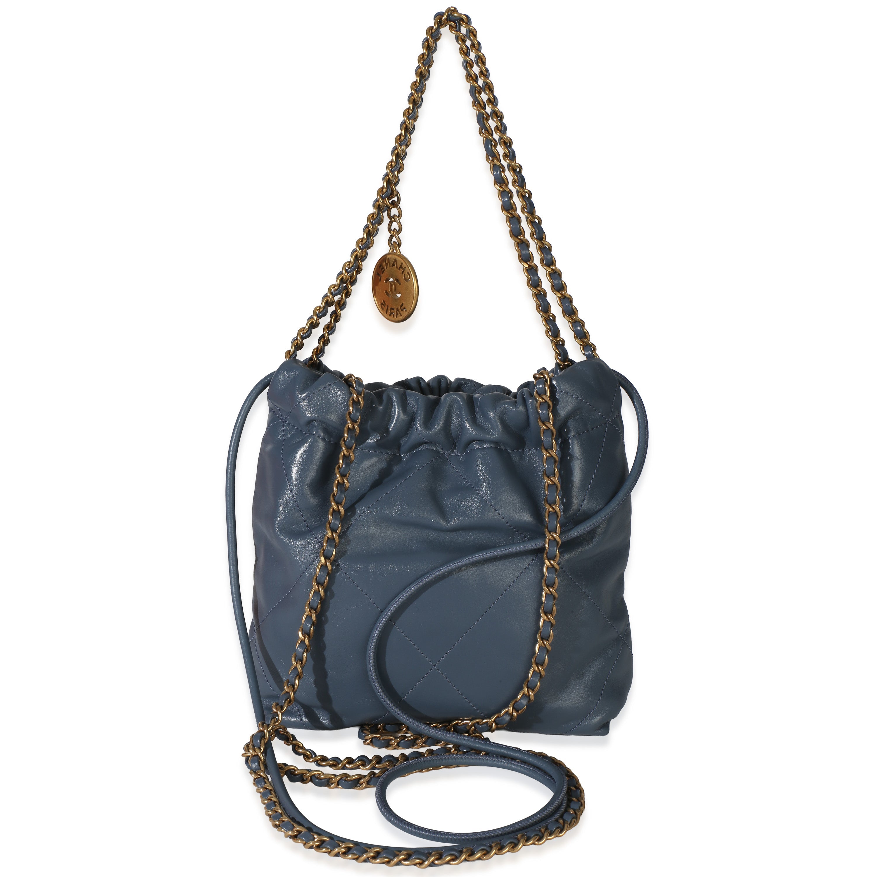 Blue Quilted Calfskin Chanel 22 Mini Hobo