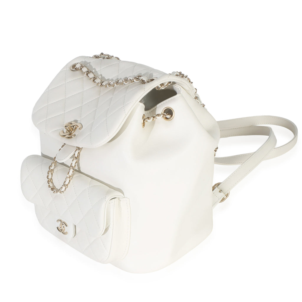 White Quilted Lambskin Small Duma Drawstring Backpack