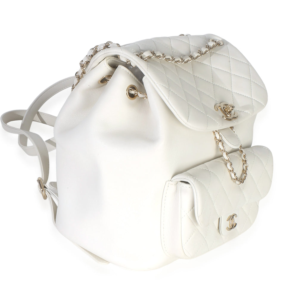 White Quilted Lambskin Small Duma Drawstring Backpack