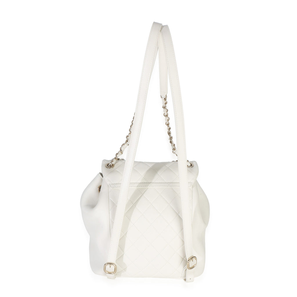 White Quilted Lambskin Small Duma Drawstring Backpack