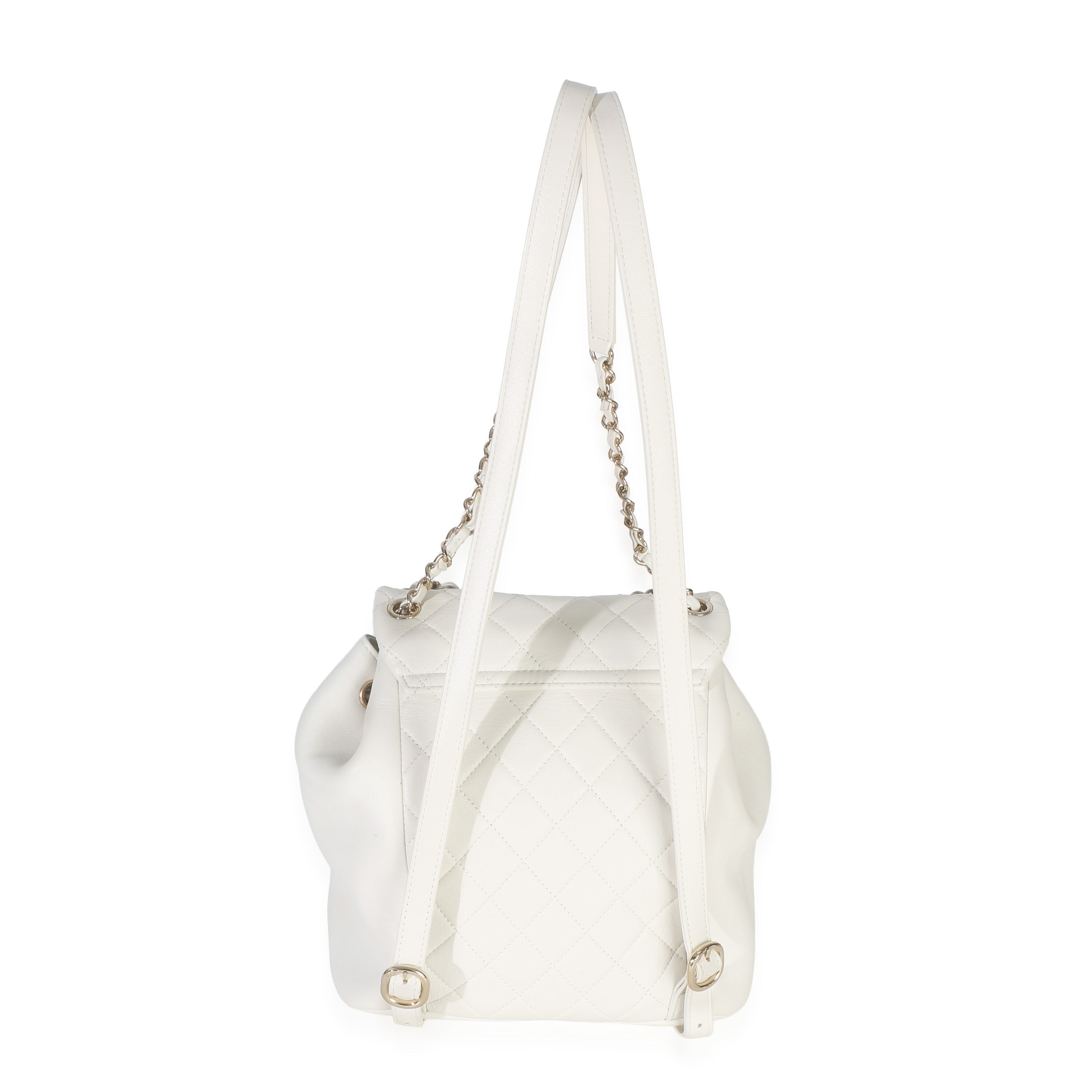 White Quilted Lambskin Small Duma Drawstring Backpack
