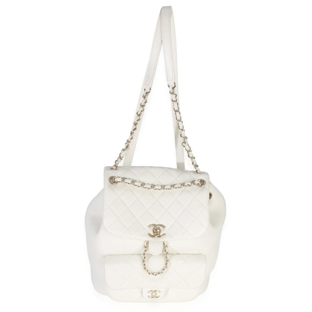 White Quilted Lambskin Small Duma Drawstring Backpack