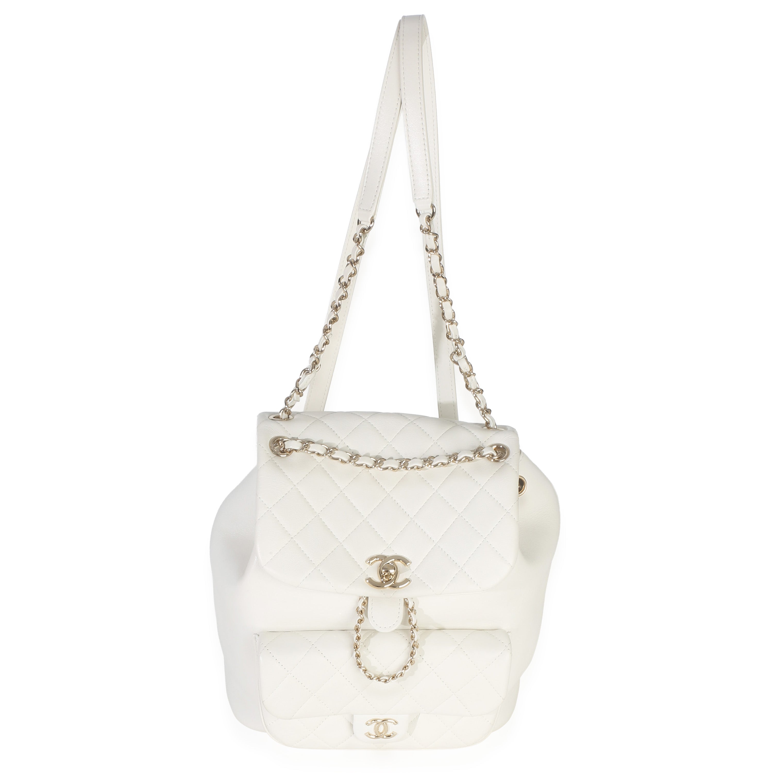 White Quilted Lambskin Small Duma Drawstring Backpack