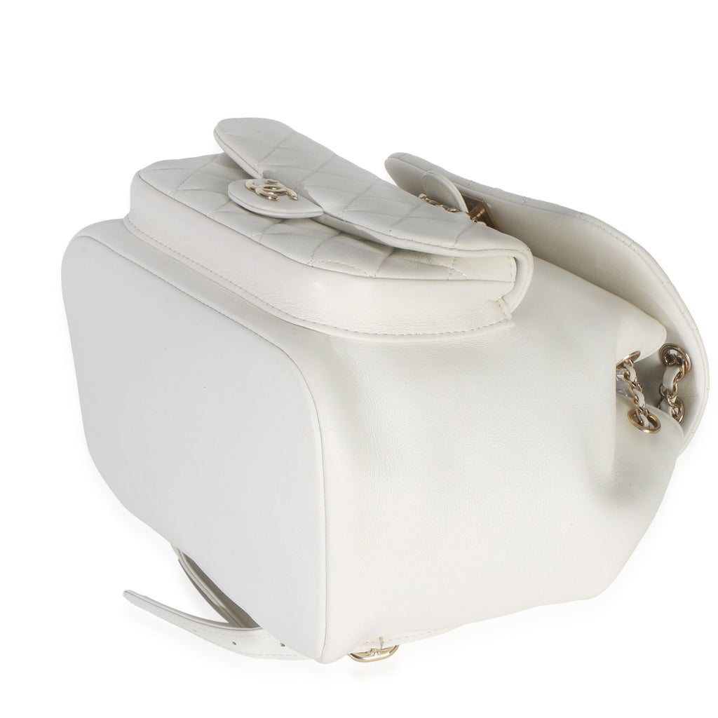 White Quilted Lambskin Small Duma Drawstring Backpack