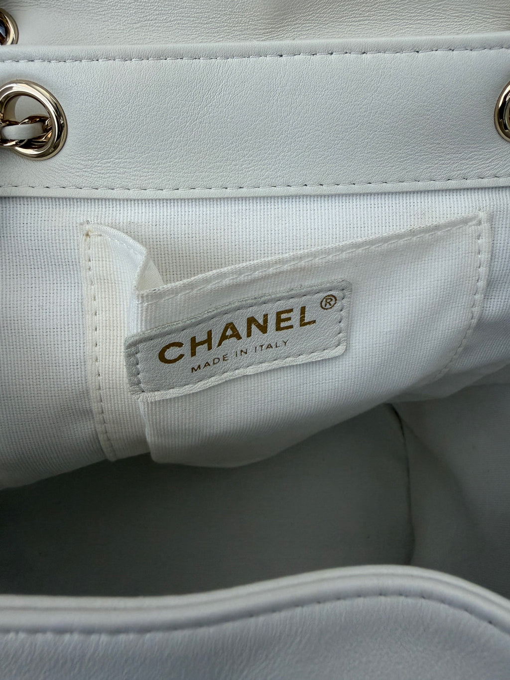 White Quilted Lambskin Small Duma Drawstring Backpack
