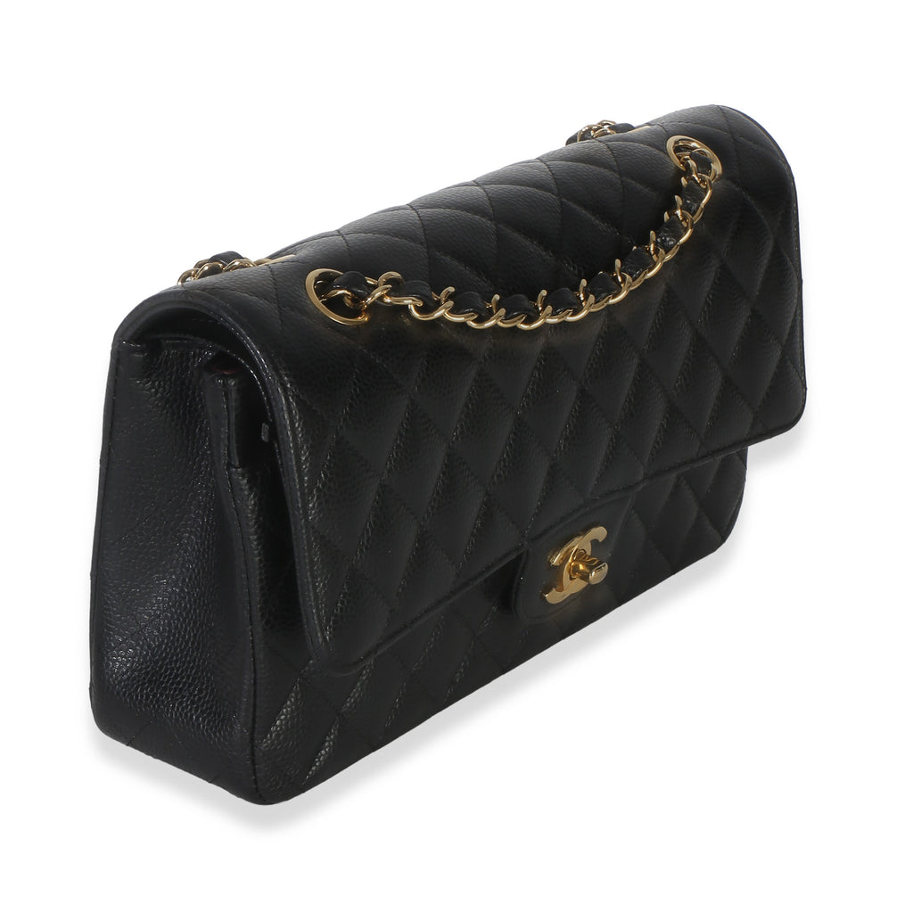 Black Quilted Caviar Medium Classic Double Flap Handbag