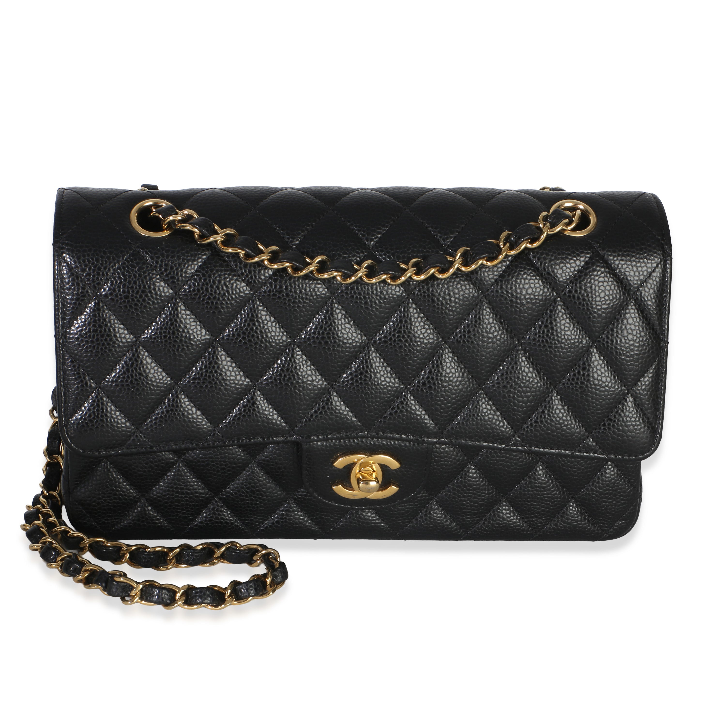 Black Quilted Caviar Medium Classic Double Flap Handbag
