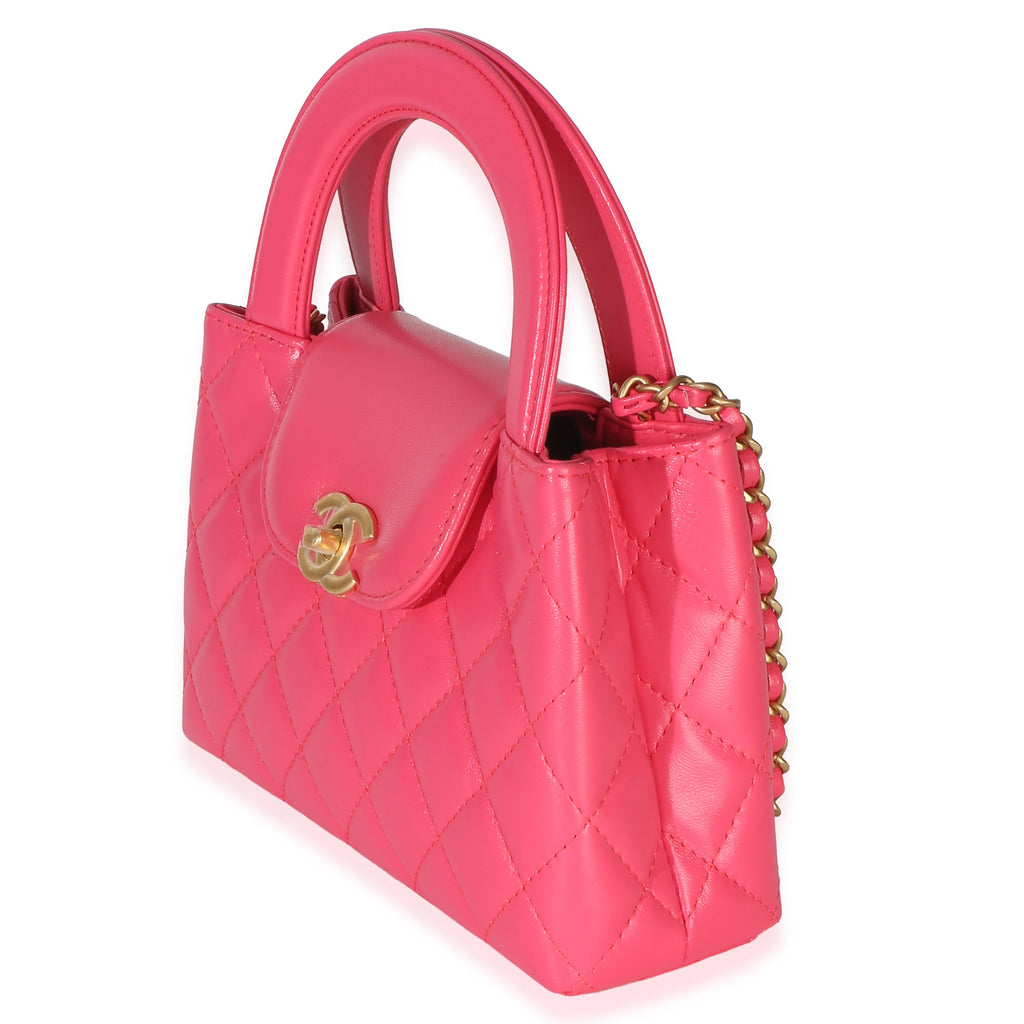 Dark Pink Shiny Aged Calfskin Quilted Nano Kelly Shopper